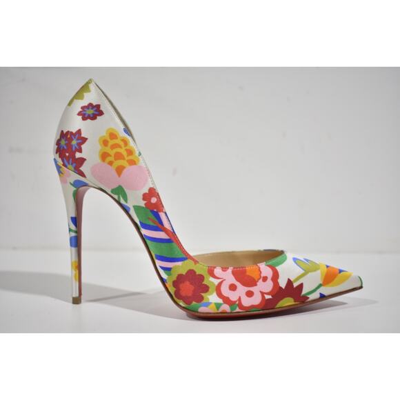 Christian Louboutin Iriza 100 Crepe Satin Bloomy Floral Pointed Heel Pump 37.5 - Picture 2 of 12